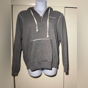 1/4 zip Hoodie cape cod grey size large raw seams, sweater lined hood